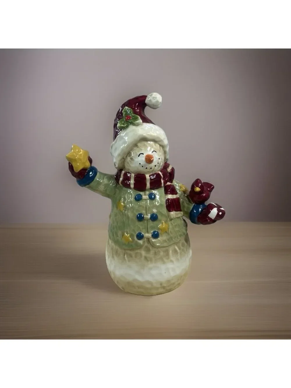 Vintage Painted Folk Art Farmhouse Pottery Snowman With cardinal & Star Decor
